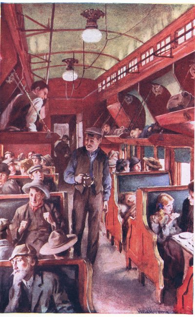 1900年頃のカナダ移民列車の内部（カラーリトグラフ） 作： ハロルド・コッピング