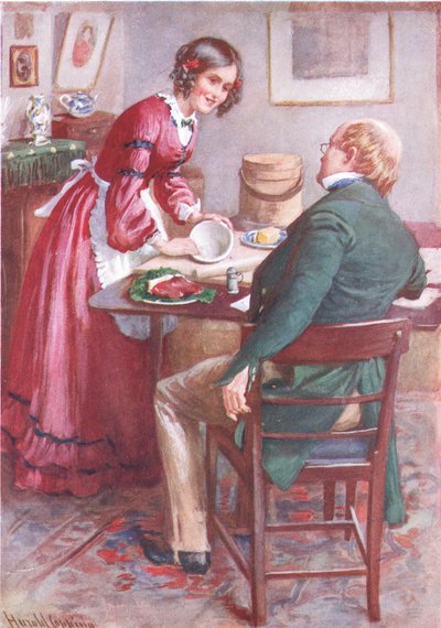 Ruth Pinch makes a Pudding（B.W. Matz編『Character Sketches from Dickens』の挿絵）。 作： Harold Copping