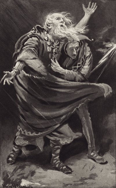 荒れ狂う夜の嵐の怒りにさらされた荒野で、リア王はさまよっていたのですか？ 作： Harold Copping