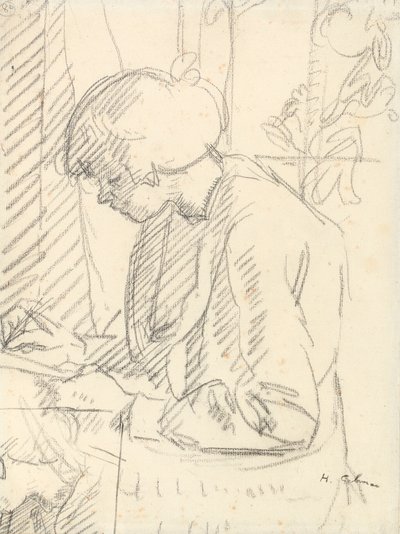 書いている女の子（紙に黒いチョーク） 作： Harold Gilman
