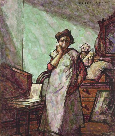 1918 年 12 月 1 日、オーバーオールを着たマウンター夫人のインテリア 作： Harold Gilman