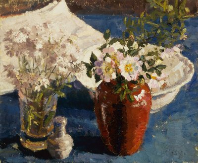 花瓶に花のある静物 作： Harold Gilman
