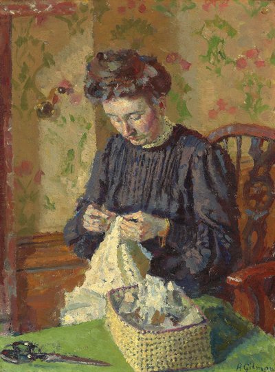 女性の縫製、c。 1908 作： Harold Gilman