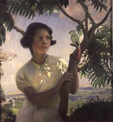 おもちゃのオウムを持つ少女 作： Harold Harvey