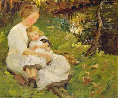 樹木が茂った風景の中の母と子 作： Harold Harvey