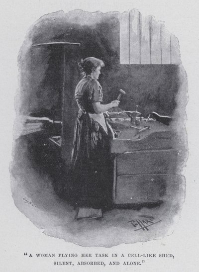 「独房のような小屋で、黙々と仕事をこなす女性」（モノクロ写真 作： Harold Hume Piffard