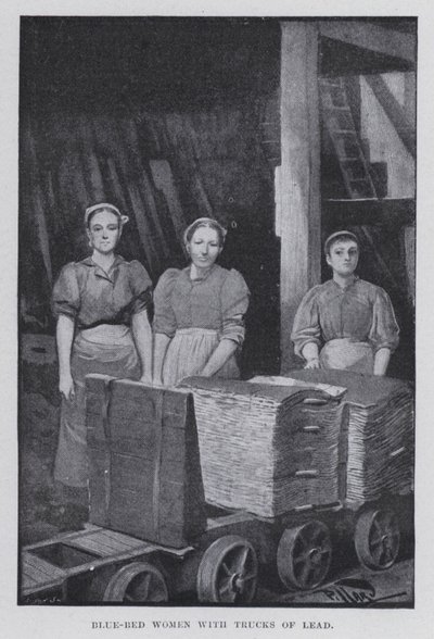 鉛の入ったトラックを持った青いベッドの女性たち（モノクロ写真 作： Harold Hume Piffard