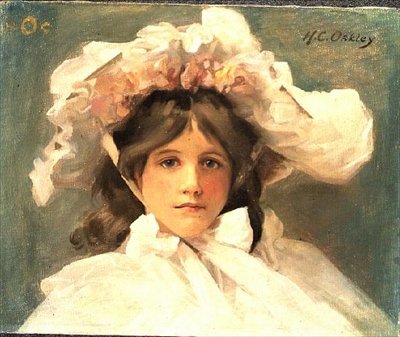 エドワード朝のボンネットをかぶった少女（油彩・キャンバス） 作： Harold Oakley