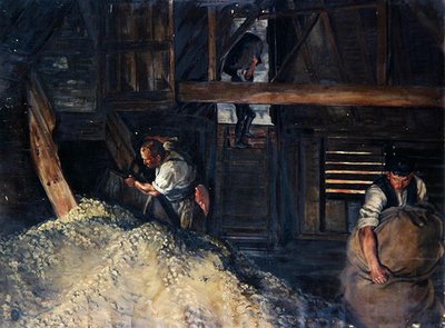 労働者たちホップを袋詰めする作業員 作： Harold Oakley