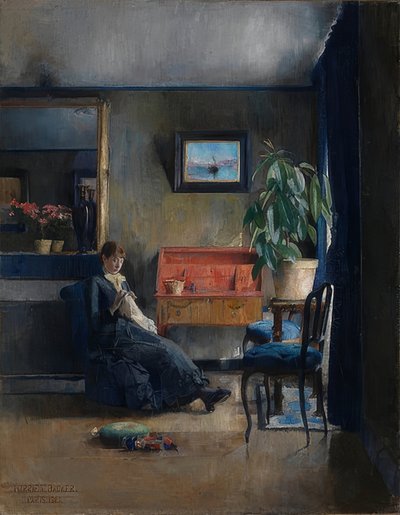 青いインテリア。 1883 作： Harriet Backer