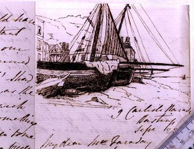 RI MS F1 I160 ヘイスティングスの漁船のヴィネット、1853年9月23日、マイケル・ファラデー（1791-1867）に宛てた手紙の中のスケッチ（紙にペンとインク）。 作： Harriet Jane Moore