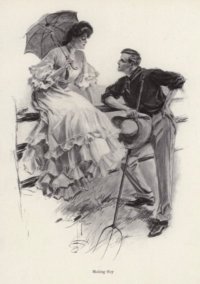 農夫が仕事の合間に若い女性と戯れている（リトグラフ 作： Harrison Fisher