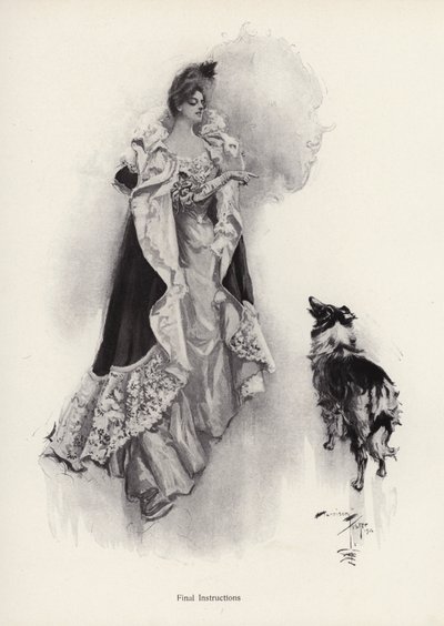夜に出かける若い女性が、犬に指示を仰いでいる様子（リトグラフ 作： Harrison Fisher
