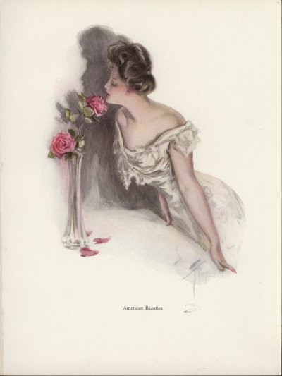 花瓶の中のピンクのバラの香りを嗅ぐアメリカ人女性（カラーリトグラフ 作： Harrison Fisher