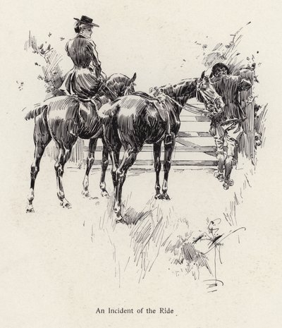 ゲートを開けるために立ち止まる馬乗りたち（リトグラフ 作： Harrison Fisher