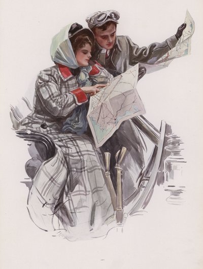 車の中で地図を読む男女（カラーリトグラフ 作： Harrison Fisher