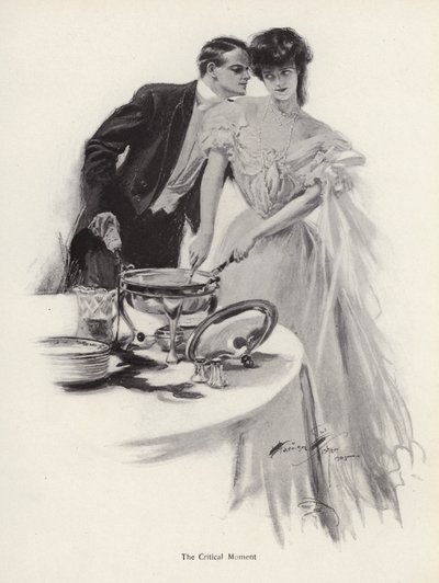 晩餐会のテーブルの上で女性といちゃつく男性（リトグラフ 作： Harrison Fisher