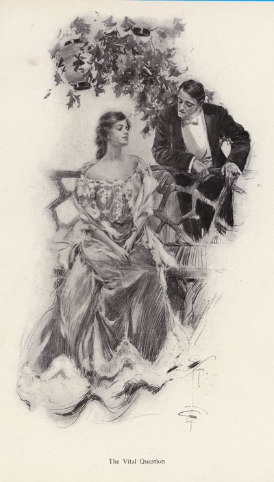 男性が女性に結婚を申し込む様子（リトグラフ 作： Harrison Fisher