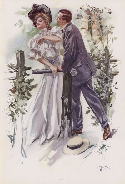 若い女性からキスを奪おうとする男性（カラーリトグラフ 作： Harrison Fisher