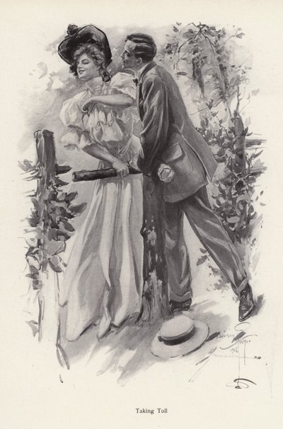 若い女性からキスを奪おうとする男性（リトグラフ 作： Harrison Fisher