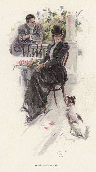 若い女性からの返事を待つ男性（カラーリトグラフ 作： Harrison Fisher