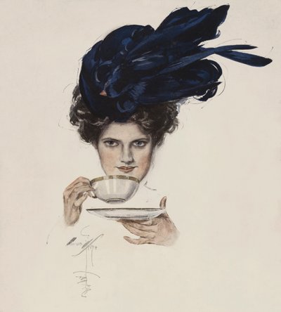 派手な帽子をかぶってお茶を飲む女性の肖像（カラーリトグラフ 作： Harrison Fisher