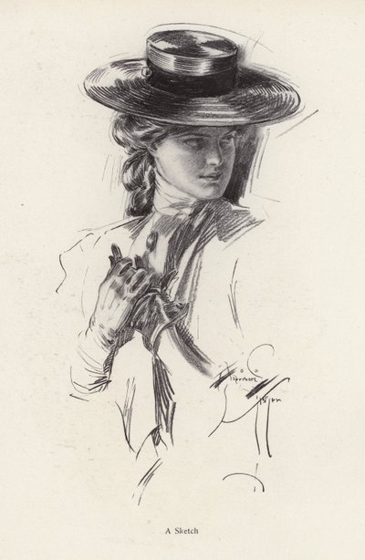 帽子をかぶった女性の肖像（リトグラフ 作： Harrison Fisher