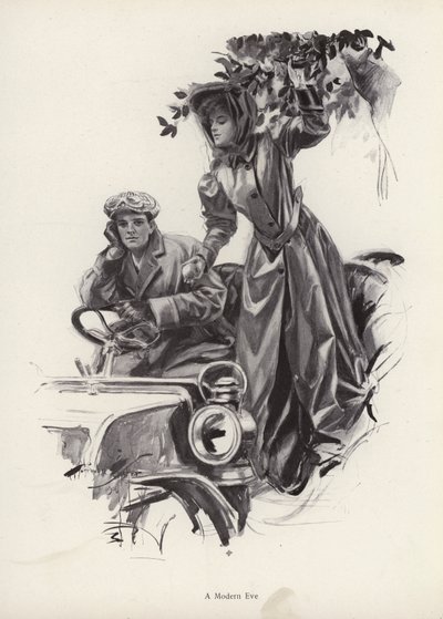 車の中からりんごを摘む女性（リトグラフ 作： Harrison Fisher
