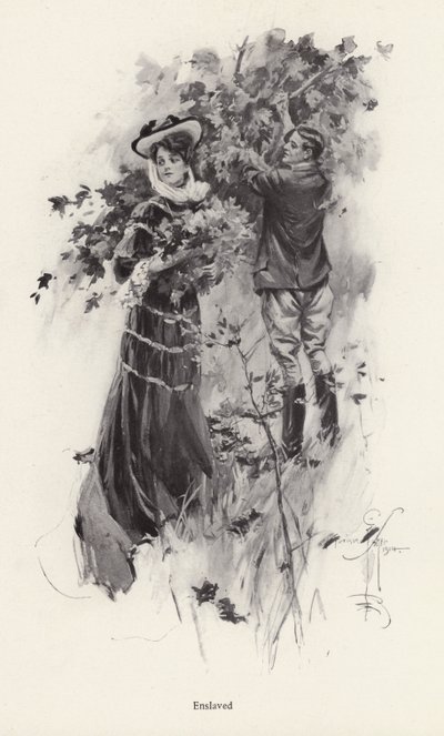 憧れの男性と一緒に花を摘む女性（リトグラフ 作： Harrison Fisher