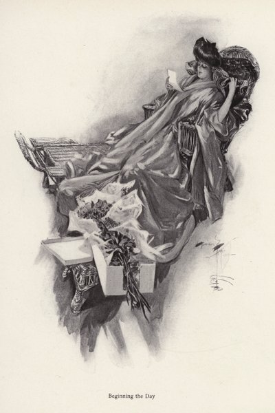 憧れの人から花束を受け取る女性（リトグラフ 作： Harrison Fisher
