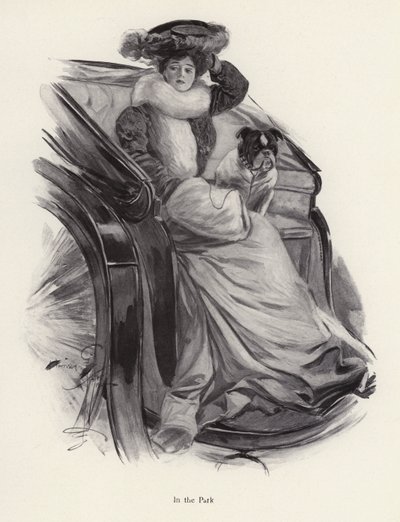 犬を連れて馬車に座る女性（リトグラフ 作： Harrison Fisher