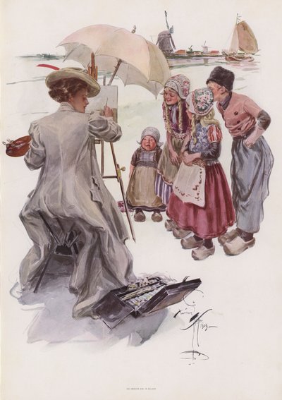 オランダの風景を描く若いアメリカ人女性（カラーリトグラフ 作： Harrison Fisher