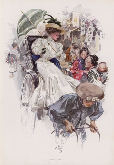 日本の人力車に乗る若いアメリカ人女性（カラーリトグラフ 作： Harrison Fisher