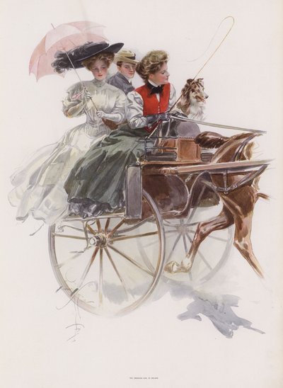 アイルランドでギグなどの一頭立ての馬車に乗る若いアメリカ人女性(カラーリトグラフ) 作： Harrison Fisher