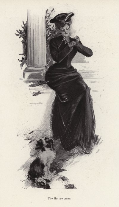 乗馬に行くのを待つ若い女性と犬（リトグラフ 作： Harrison Fisher