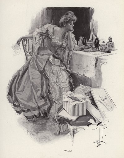 2人の求婚者の間で決断する若い女性（リトグラフ 作： Harrison Fisher