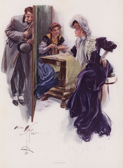 ジプシーに自分の将来を占ってもらう若い女性（カラーリトグラフ 作： Harrison Fisher