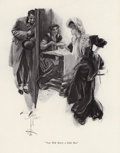 ジプシーに自分の将来を占ってもらう若い女性（リトグラフ 作： Harrison Fisher