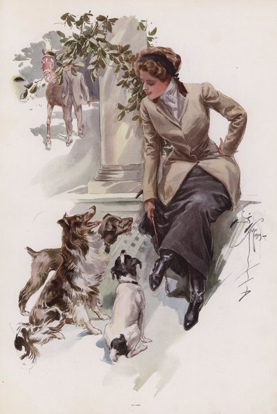 乗馬服を着た若い女性が犬と一緒に座っている様子（カラーリトグラフ 作： Harrison Fisher