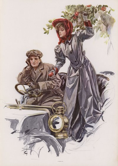車の中からりんごを収穫する若い女性（カラーリトグラフ 作： Harrison Fisher