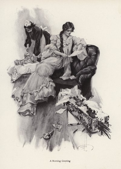 憧れの人から花束と手紙を受け取る若い女性（リトグラフ 作： Harrison Fisher