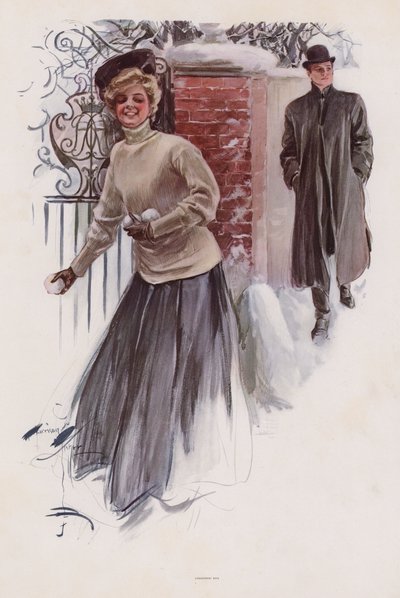 男性に雪玉を投げるのを待つ若い女性（カラーリトグラフ 作： Harrison Fisher