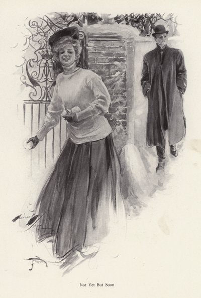 男性に雪玉を投げるのを待つ若い女性（リトグラフ 作： Harrison Fisher