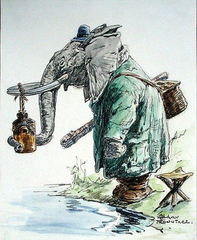 象は釣りに行く (紙にペン、インク、水彩、木炭) 作： Harry Rountree
