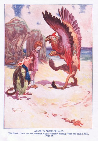 にせのカメとグリフォンが厳粛にぐるぐるアリスに向き合い始めた（カラーリソ） 作： Harry Rountree