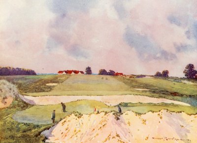 ゴルフコース：サンディ・ロッジ、1番グリーン、クラブハウス方向（カラーリトグラフ） 作： Harry (1878 1950) Rountree