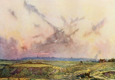 ゴルフコースセント・アンドリュース、遠くに見える町（カラーリトグラフ） 作： Harry (1878 1950) Rountree