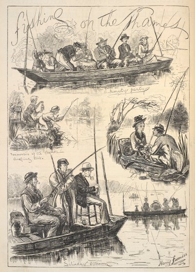「Fishing on the Thames」、「Illustrated Sporting and Dramatic News」のフロント ページ、1876 年 10 月 28 日 (litho) 作： Harry (after) Furniss