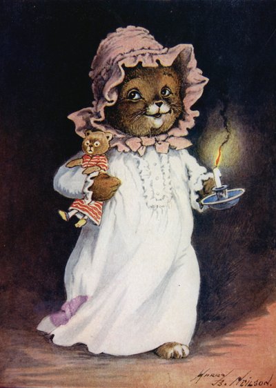 寝間着の猫、ろうそくとテディ猫を運んで寝る 作： Harry B Neilson