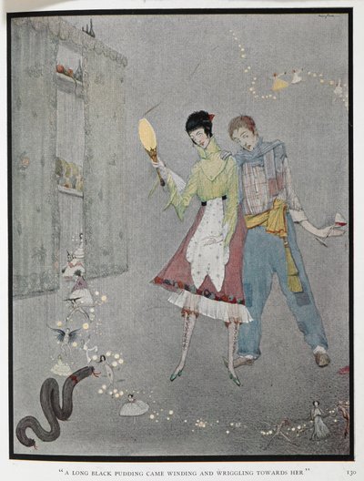 「黒くて長いプリンが、くねくねと彼女に近づいてきた。ばかげた願い」という物語の挿絵。木こりのハリーと妻のファニーは、間違った願い事をしてしまった。 作： Harry Clarke